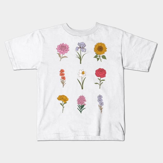 Summer Flowers Vintage Aesthetic Colorful Floral Garden Art Kids T-Shirt by OpalEllery